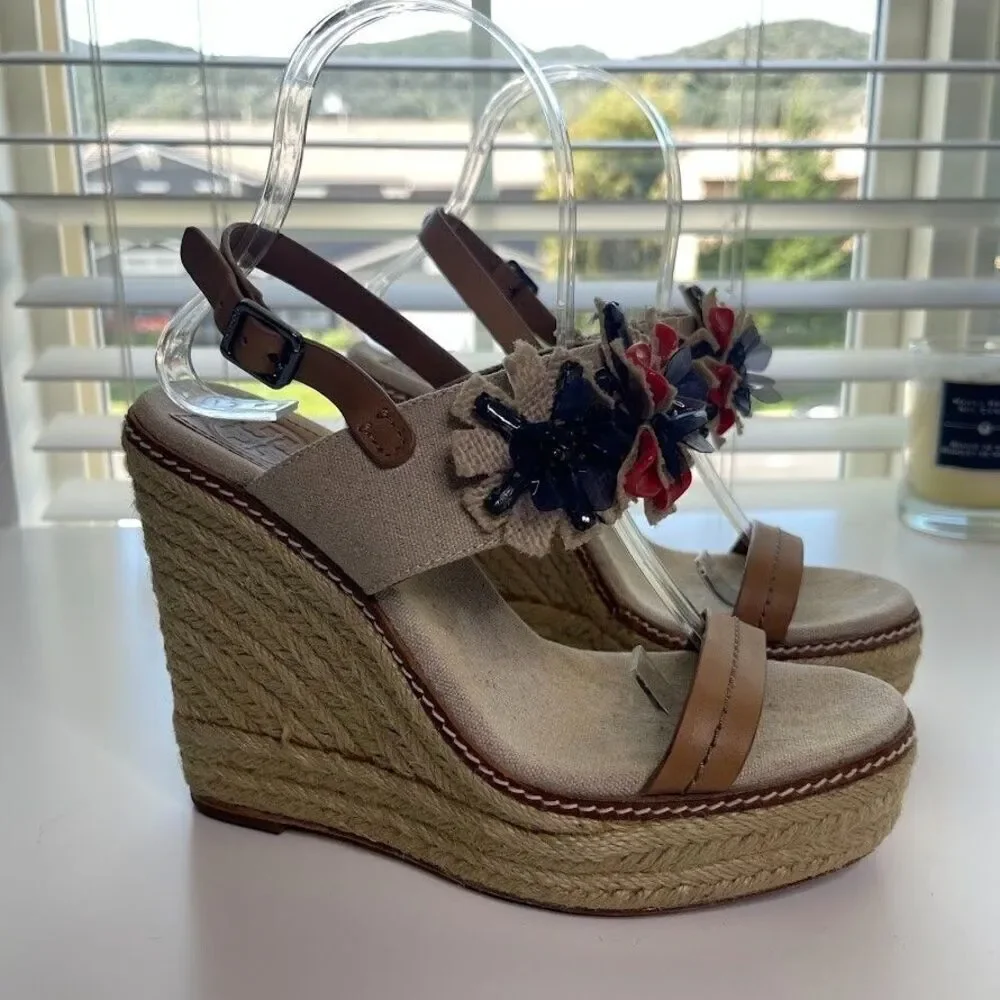 Tory Burch Linen Espadrille Wedge 7.5 Double Strap Sandals Boho Floral Jeweled